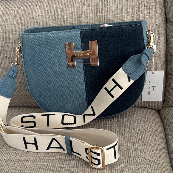 Halston Heritage Two-Tone Blue Denim Crossbody with Branded Strap - Picture 5 of 5